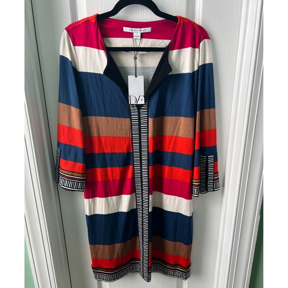 DIANE VON FURSTENBERG Silk Multi Stripe Skipper Tunic Dress‎ Size 12 NEW $468